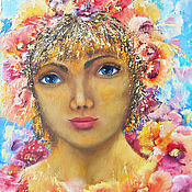 Картины и панно handmade. Livemaster - original item Girl portrait oil painting with flowers Pansies or Heartsease. Handmade.