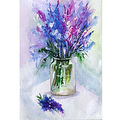 Картины и панно handmade. Livemaster - original item Painting lavender watercolor with a bouquet of flowers A5. Handmade.