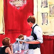 Картины и панно handmade. Livemaster - original item Painting with watercolors a Scene in the cafe (red al the waiter). Handmade.