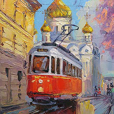 Картины и панно ручной работы. Ярмарка Мастеров - ручная работа Картина маслом, Москва, городской пейзаж: Московский трамвай. Handmade.