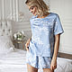 Пижама с шортами из голубого тенселя с цветами, Пижамы, Москва,  Фото №1