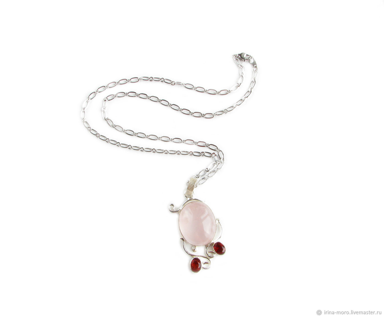 Quartz and garnet pendant on a chain, pink three-stone pendant, Pendant, Moscow,  Фото №1