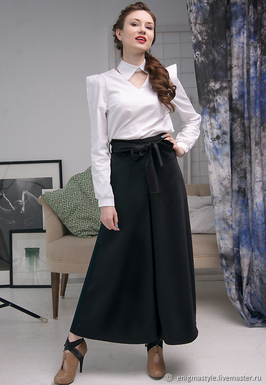 Кюлоты черные, брюки широкие женские из хлопка, юбка-брюки в интернет-магазине Ярмарка Мастеров по цене 5500 ₽ – HXR0FRU