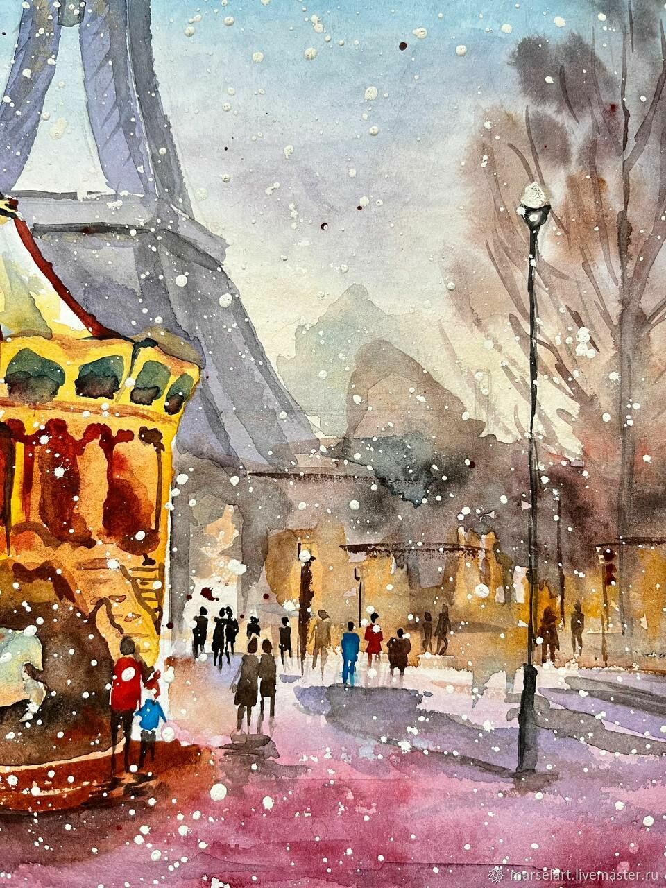 Зима в Париже акварель