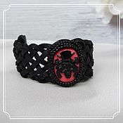 Субкультуры handmade. Livemaster - original item Leather bracelet with cameo Skull in hat background red 18h25. Handmade.