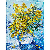 Картины и панно handmade. Livemaster - original item Painting with yellow flowers mimosa in a vase in oil. Handmade.