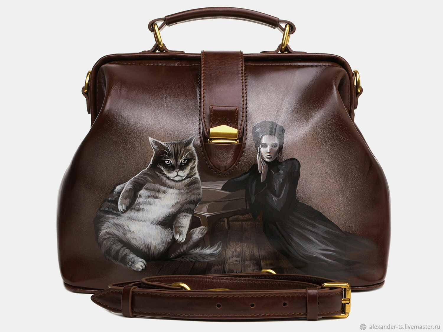 Черная кожаная сумка с росписью из натуральной кожи «w0042 Black волчица»
