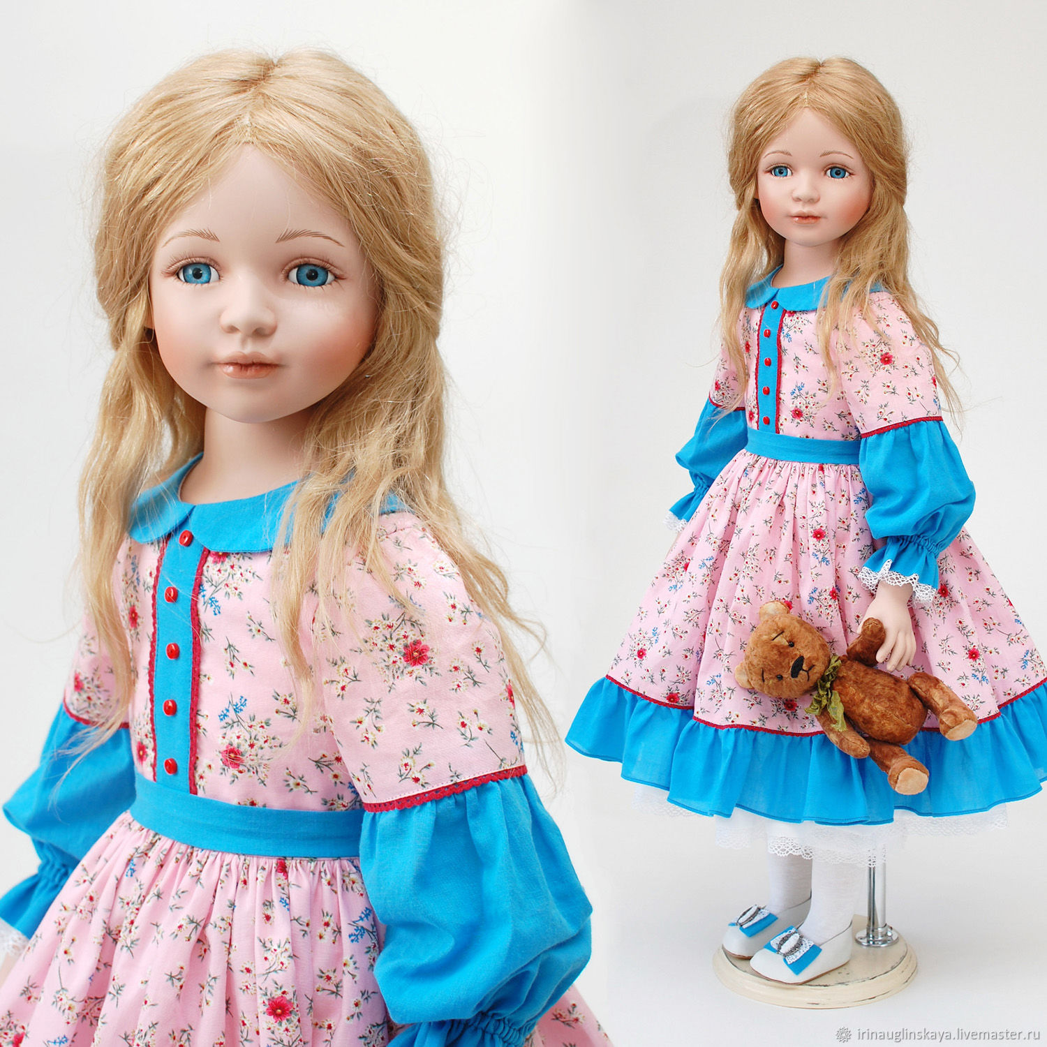 Фарфоровая кукла винтажная 220558 в платье с подсолнухами 38 см