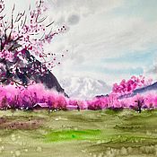 Картины и панно handmade. Livemaster - original item Pink clouds watercolor painting cherry blossom in the mountains landscape. Handmade.