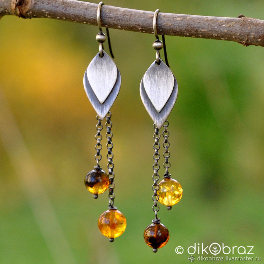 Silver earrings with chains Leaves, Baltic amber, Earrings, Moscow,  Фото №1