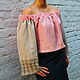 Льняная летняя розовая блузка с длинным рукавом и вязаными манжетами, Блузки, Москва,  Фото №1