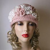 Аксессуары handmade. Livemaster - original item Boho pink knitted hat with flowers and beads. Handmade.