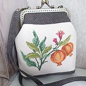 Cosmetic bag with Clasp handmade cross stitch on linen Garden