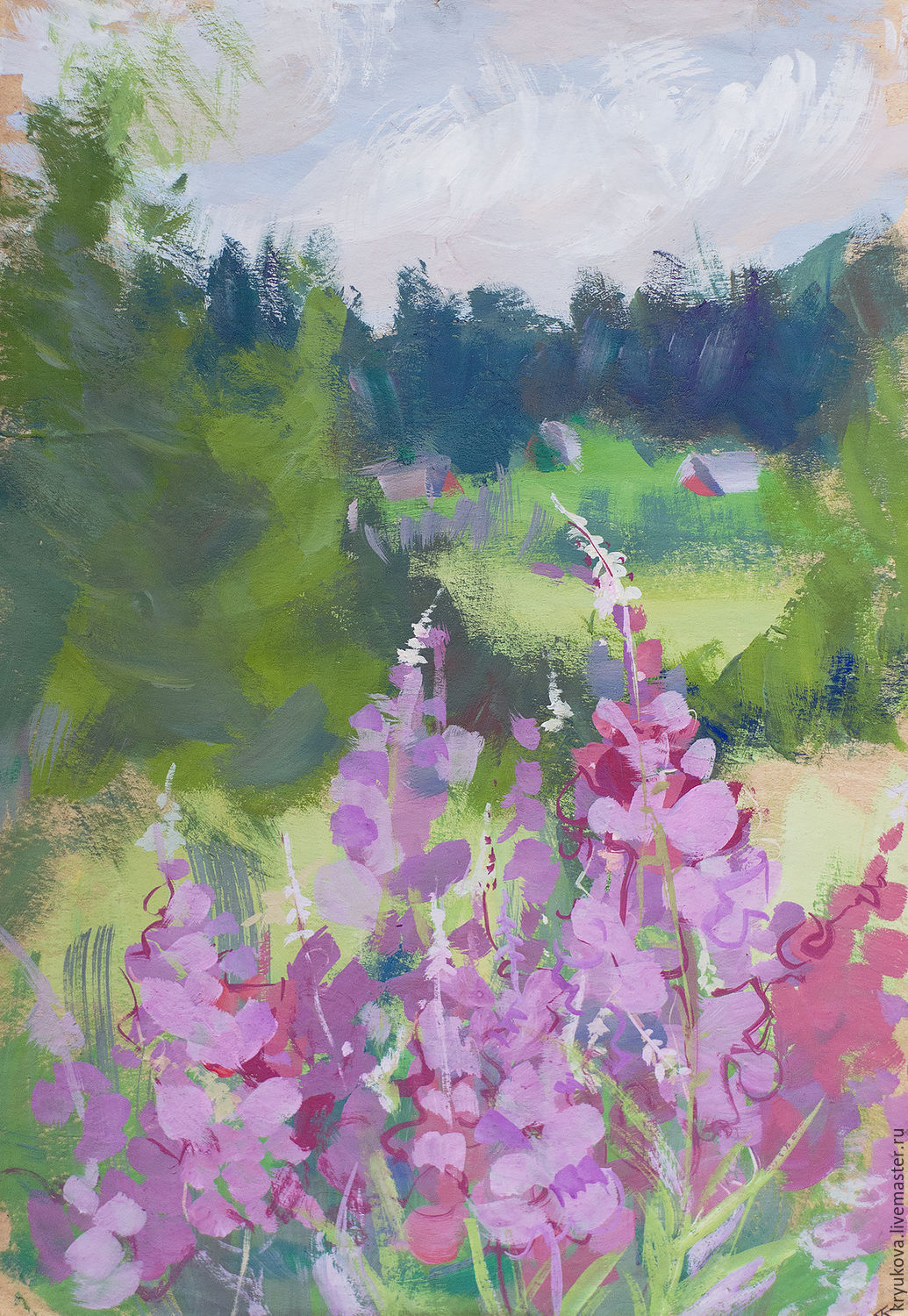 Лето в разгаре» Картина иван-чай лето пейзаж полевые цветы деревня –заказать на Ярмарке Мастеров – 86GNFRU