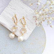 Свадебный салон handmade. Livemaster - original item Gold-plated Earrings with Crystal Pendant Pearl Jewelry Beige. Handmade.