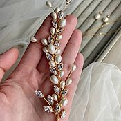 Свадебный салон handmade. Livemaster - original item A neat golden twig with pearls and cubic zirconia. Handmade.