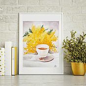 Картины и панно handmade. Livemaster - original item Watercolor painting a Cup of tea with a bouquet of Mimosa. Handmade.