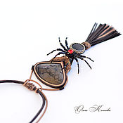 Украшения handmade. Livemaster - original item Leather pendant with a brooch embroidered with a spider and a septaria stone chocolate. Handmade.