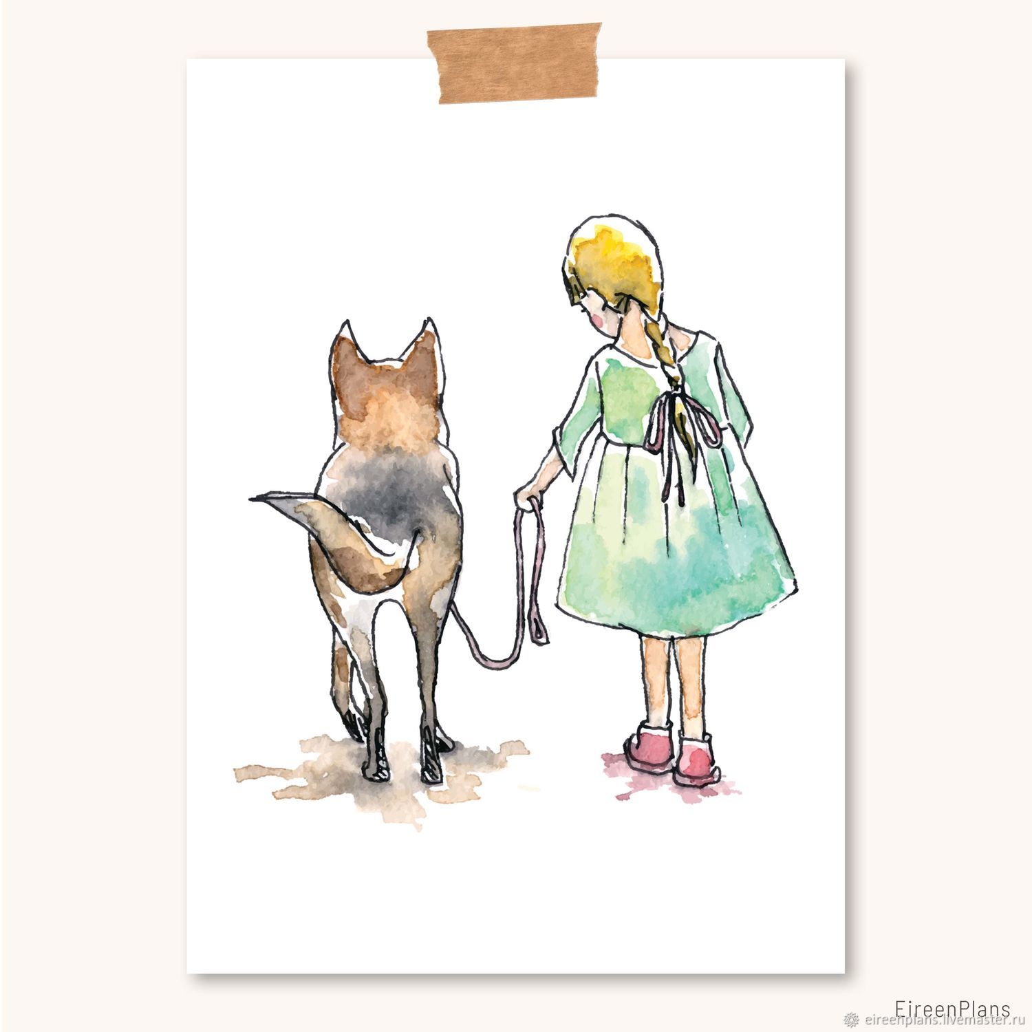 Девочка с собакой акварель