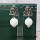 Silver plated earrings with natural white agate large `White tulip`
