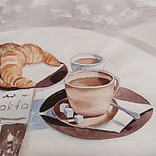 Картины и панно handmade. Livemaster - original item French Breakfast, tea, croissants, watercolor painting. Handmade.