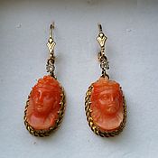 Винтаж handmade. Livemaster - original item Gold earrings with diamonds and coral cameos of the 19th century. Handmade.