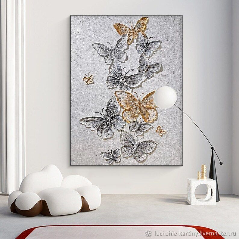 Картина на холсте 3D объемные бабочки на сером фоне, 14953