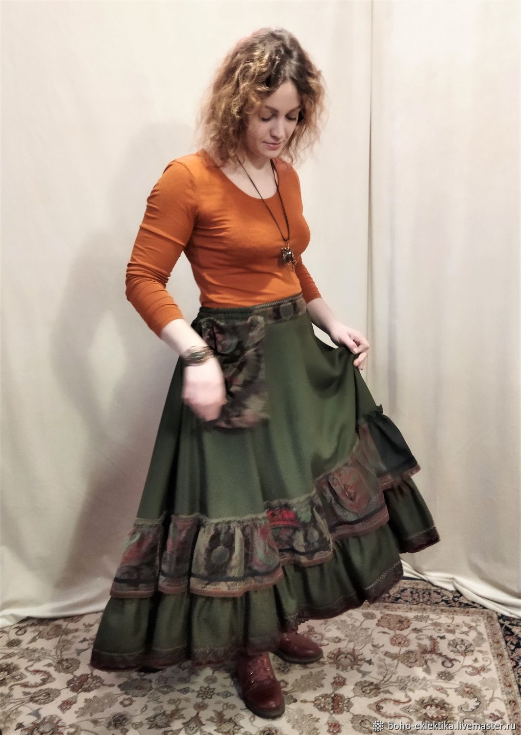 Cinderella skirt in green with pocket. Skirt style boho, Skirts, Tomsk,  Фото №1