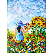 Картины и панно handmade. Livemaster - original item Painting Flowers Girl and Bouquet of flowers 15 x 21 Oil Sunflowers. Handmade.
