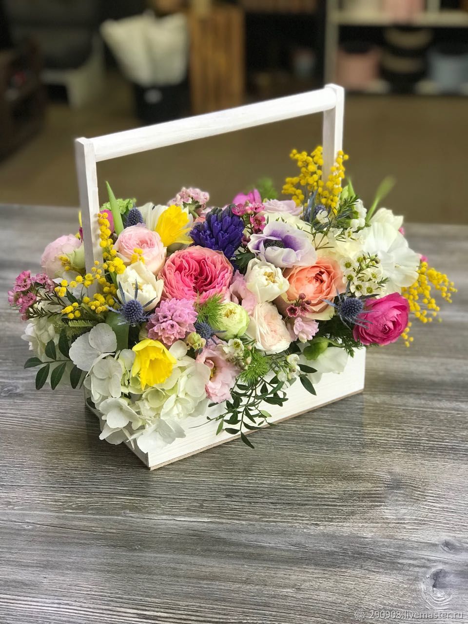 Flowers in wooden boxes