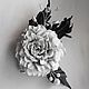 Leather ornaments.Leather flowers. ROSE `NEJNOSTI white with black leaves, white rose leather,flower brooch, bezel, bracelet,barrette made of leather,womens leather jewelry,handmade, buy brooch
