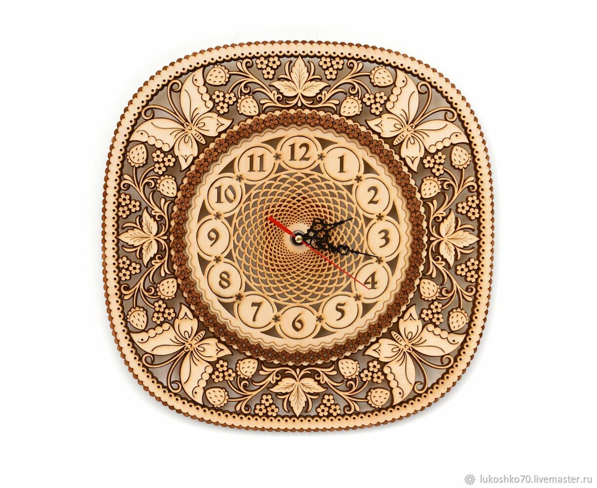 Wooden clock 'Butterflies and strawberries' 33h33 cm. Art.40030, Watch, Tomsk,  Фото №1