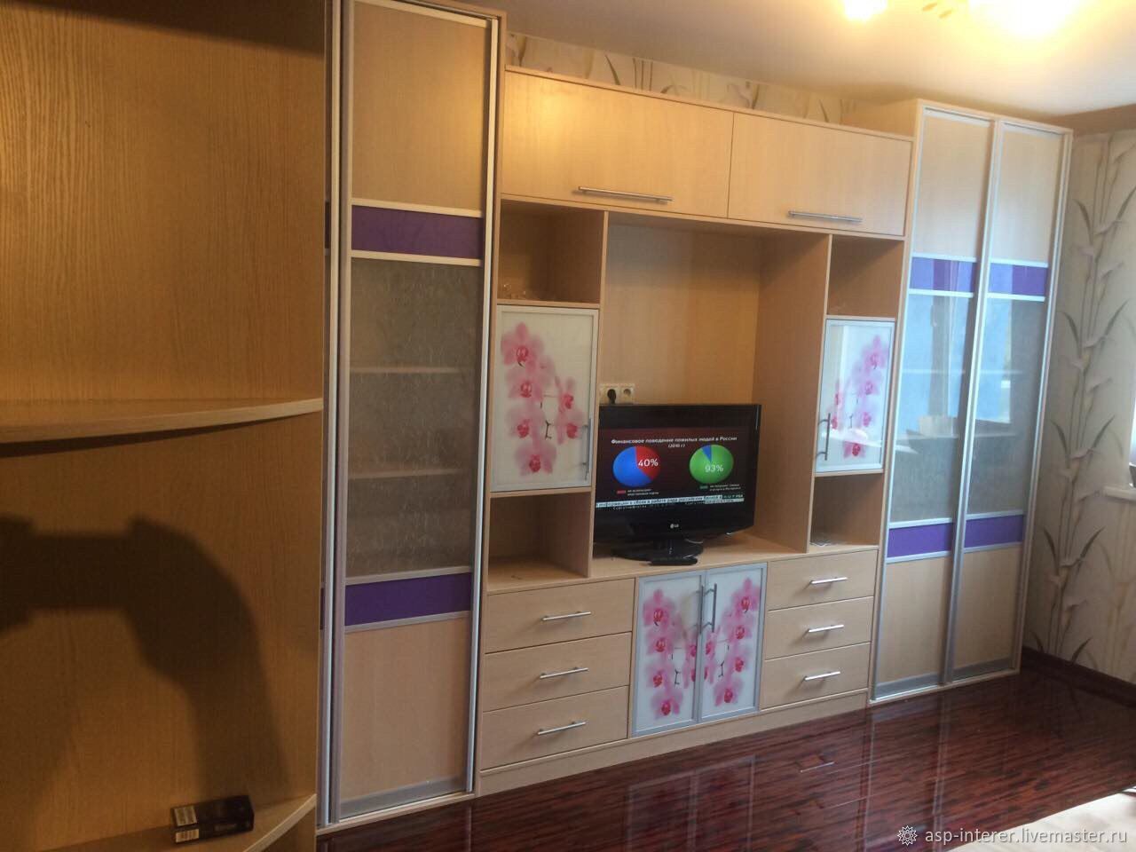 Стенка в комнату со шкафом для одежды и телевизора