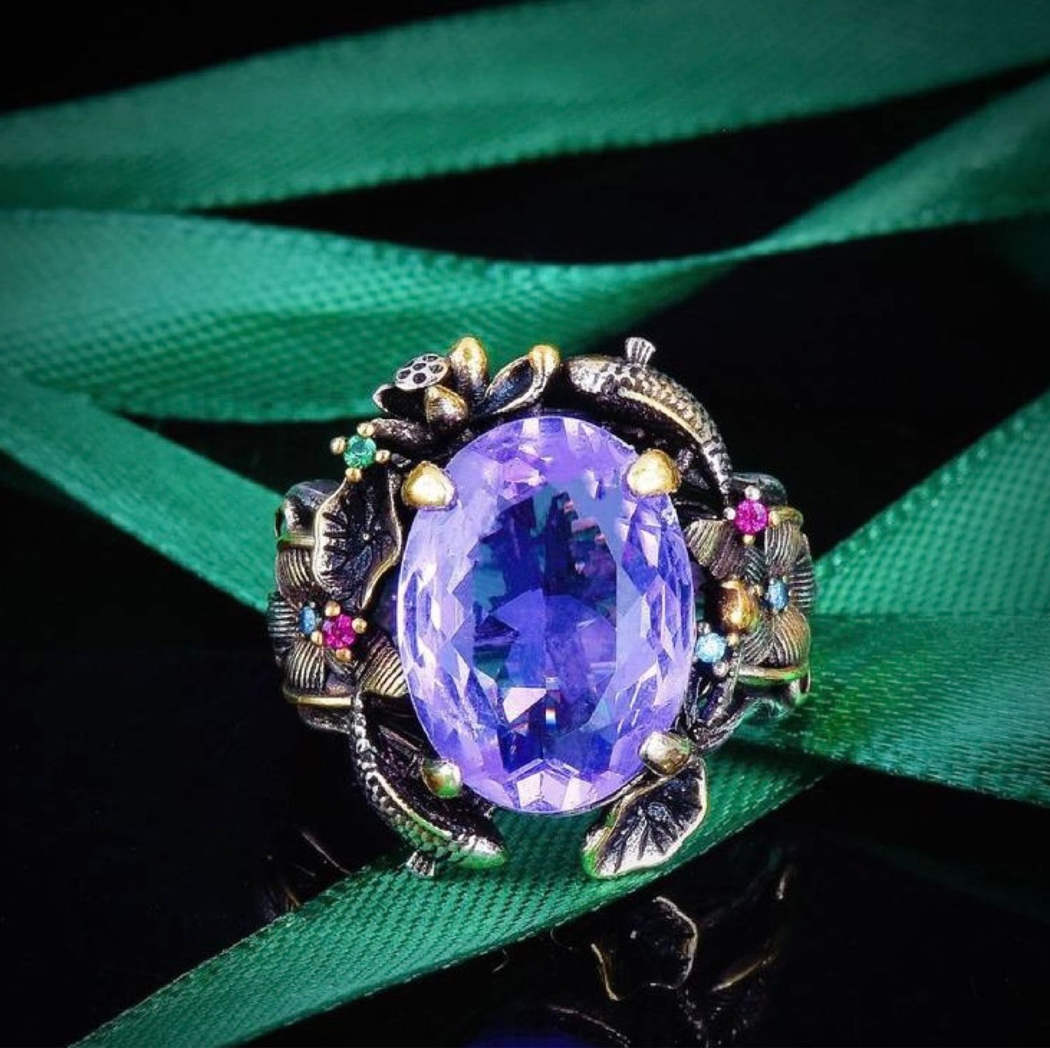 Винтаж: Серьги и кольцо «Карпы Кои» Цирконы с эффектом Александрита ...