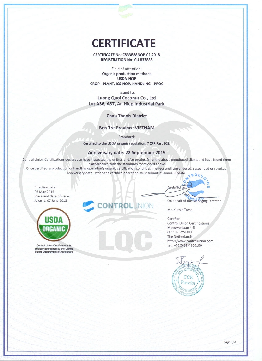 USDA Organic certificate