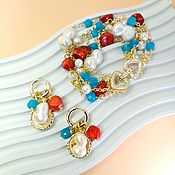 Украшения handmade. Livemaster - original item Bracelet and earrings with pearls, coral and amazonite gilding. Handmade.