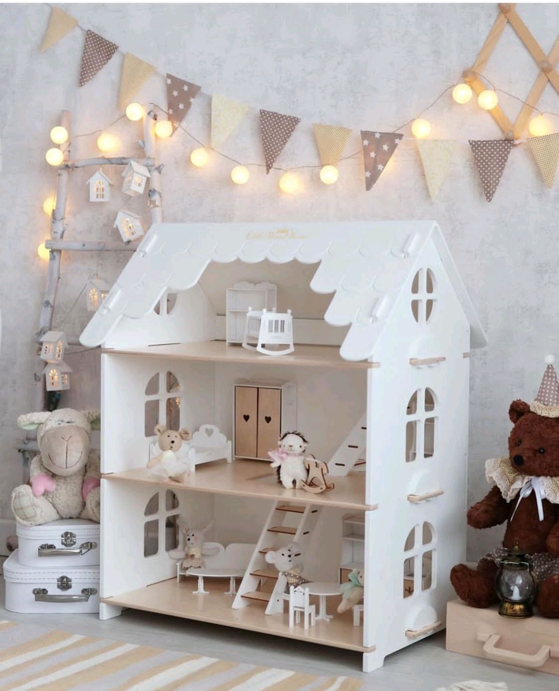 Детский домик для кукол R&S Коттедж Екатерина с мебелью бело-розовый