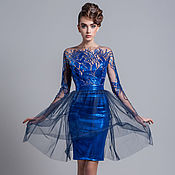Вечернее платье синего цвета, корсетное с баской, с цветком от "АгАтА"