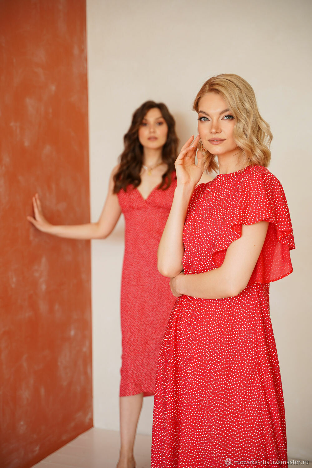 Summer midi dress made of viscose with wings Red with polka dots, Dresses, Novosibirsk,  Фото №1