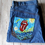 Одежда handmade. Livemaster - original item Jeans with hand-painted Rolling stones Starry night van Gogh pattern. Handmade.