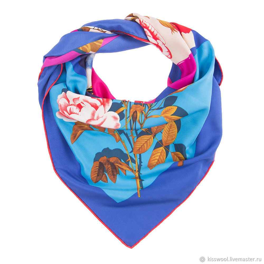 Satin scarf with print. 90 by 90 cm. blue, Felting materials, Berdsk,  Фото №1