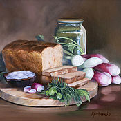 Картины и панно handmade. Livemaster - original item Oil painting " still Life with bread and radishes". Handmade.