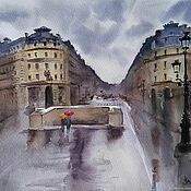 Картины и панно handmade. Livemaster - original item Watercolor Paris rainy (gray-blue ochre painting). Handmade.