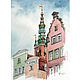 Старый город картина, Гданьск, городской пейзаж акварелью, Картины, Москва,  Фото №1