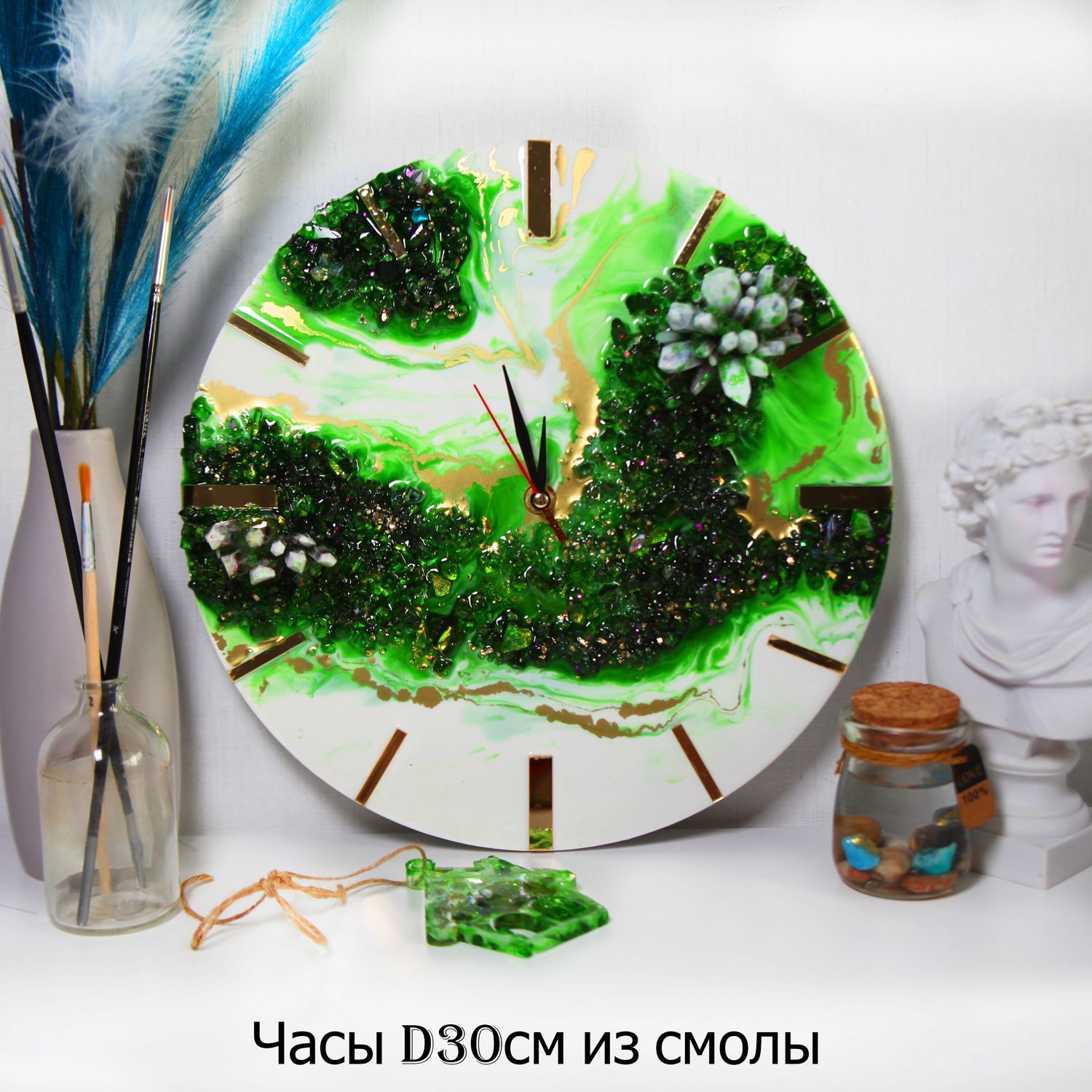 Часы настенные из эпоксидной смолы лофт 30 см зеленые белые в интернет ...