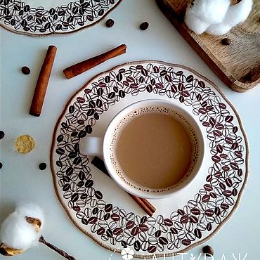 Для дома и интерьера ручной работы. Ярмарка Мастеров - ручная работа Вышитая салфетка подстановочная 40180 Кофе Круглая салфетка. Handmade.