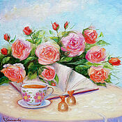 Картины и панно handmade. Livemaster - original item Oil painting roses Tea still life in the garden. Handmade.