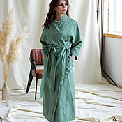 Халат кимоно изо льна, с вышивкой ручной работы