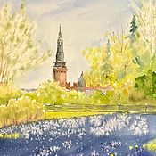 Картины и панно handmade. Livemaster - original item Spring landscape of Muscari in Zaryadye watercolor painting Moscow. Handmade.