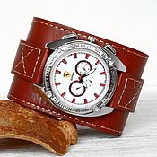 Украшения handmade. Livemaster - original item Wristwatch on Dark Red Brown Wide Leather Bracelet. Handmade.